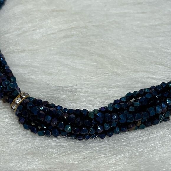 Vintage Iridescent‎ Blue Beaded Diamondesque Rope Choker Necklace - Picture 6 of 11